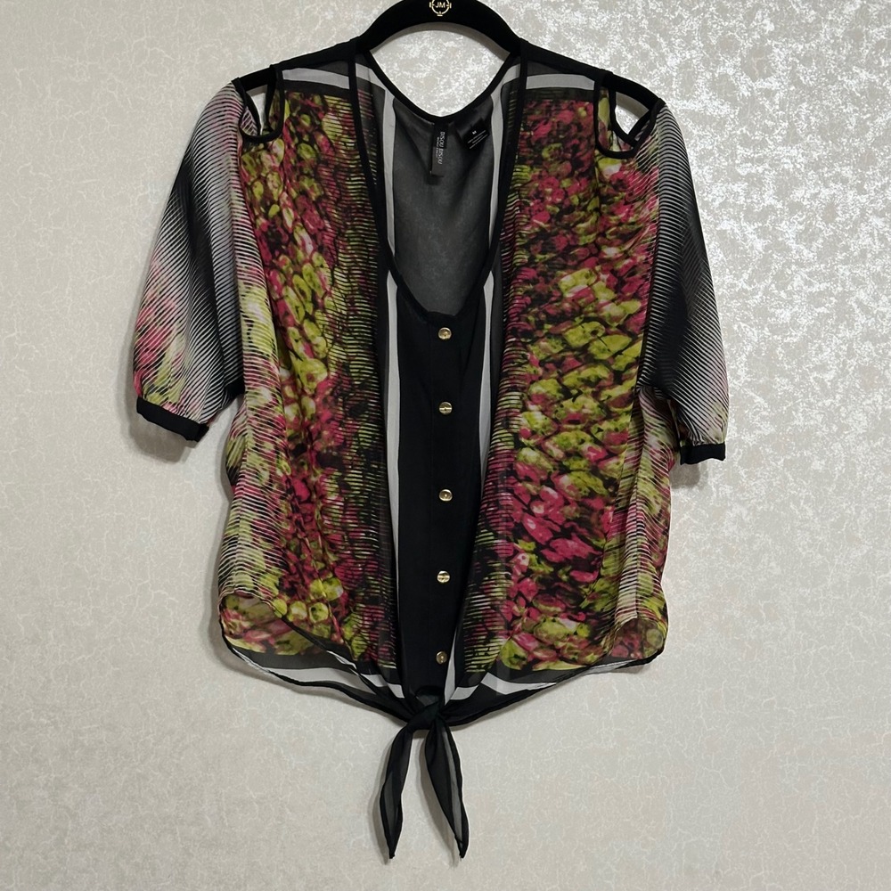 Bisou Bisou‎ Sheer Tie Front Button Up Blouse Snakeskin Print Cold Shoulder M